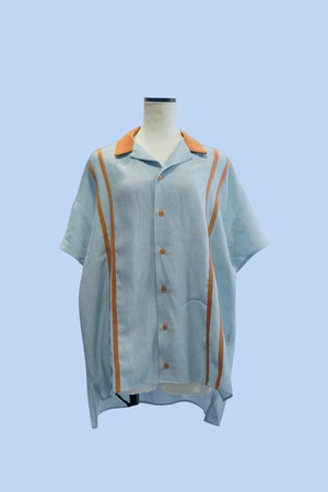 【Nora Lily】Retro Line Open Collar S/S Shirt-Sax Blue x Camel-
