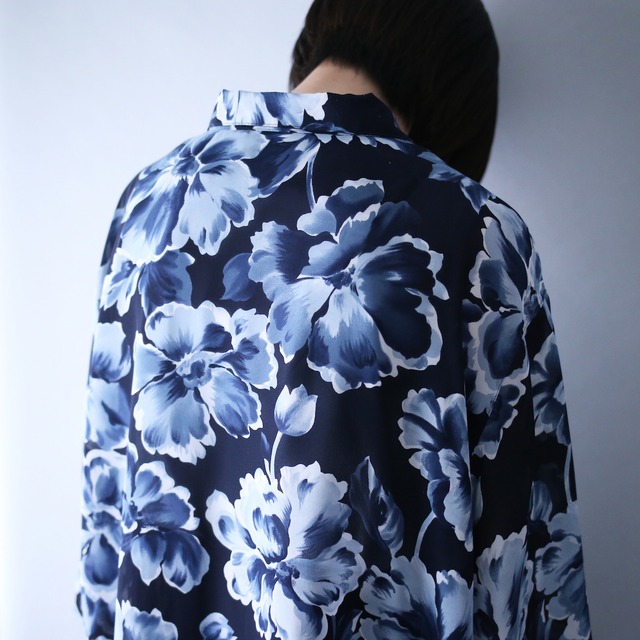 blue flower art pattern over silhouette see-through shirt