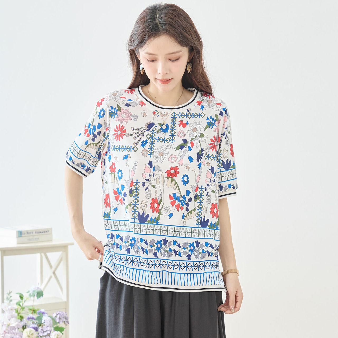 TRUBE ボタニカルプリントTシャツ【M~L】ホワイト