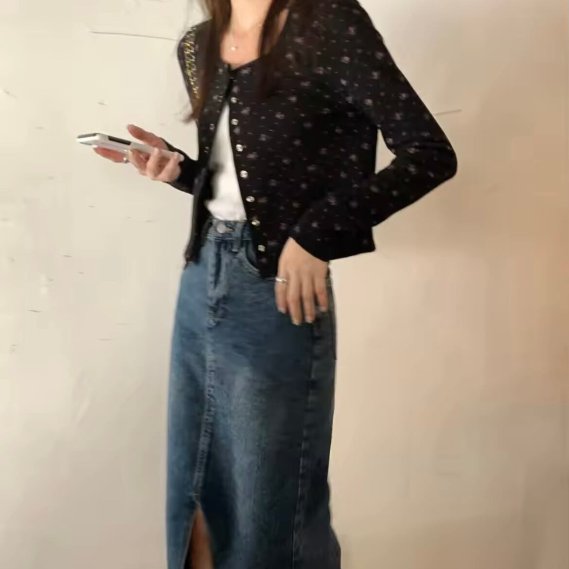 スクエアネックフローラルワッフルカーディガン