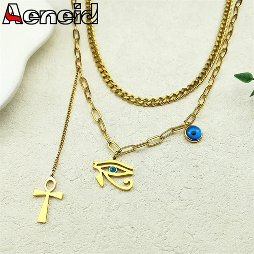 ネックレス  ステンレス 青 ブルー ゴールド チェーン クロス レディース メンズ スチール マルチレイヤー アンカ 目 アイズ ホルス