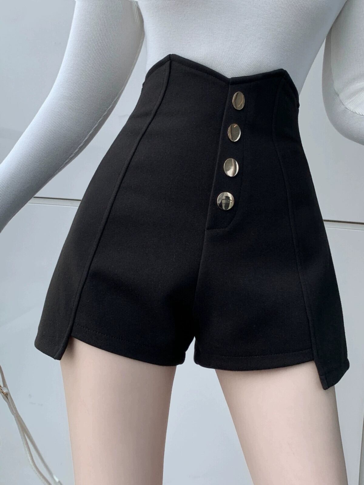 ウールショートパンツ、ハイウエスト、着痩せ、イレギュラーワイドレッグカジュアルパンツ、春の新作万能ブーツパンツ、ブラックパンツレディース ハイウェスト スプリング 春物 ショーツ ブルマー ガールズファッション67249547078