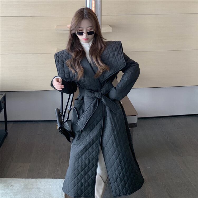 通勤する 冬 ロングセクション コットンジャケット ダイヤモンドチェック ラージラペル 腰を括る