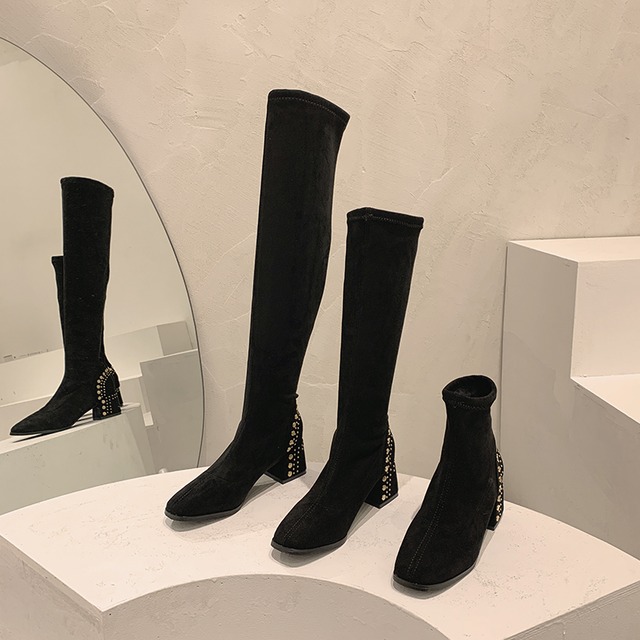 ロングブーツ薄手カジュアルブラックスリーブストレッチ 靴 シューズ エラスティック 伸縮 フェイクシューズ66282949580