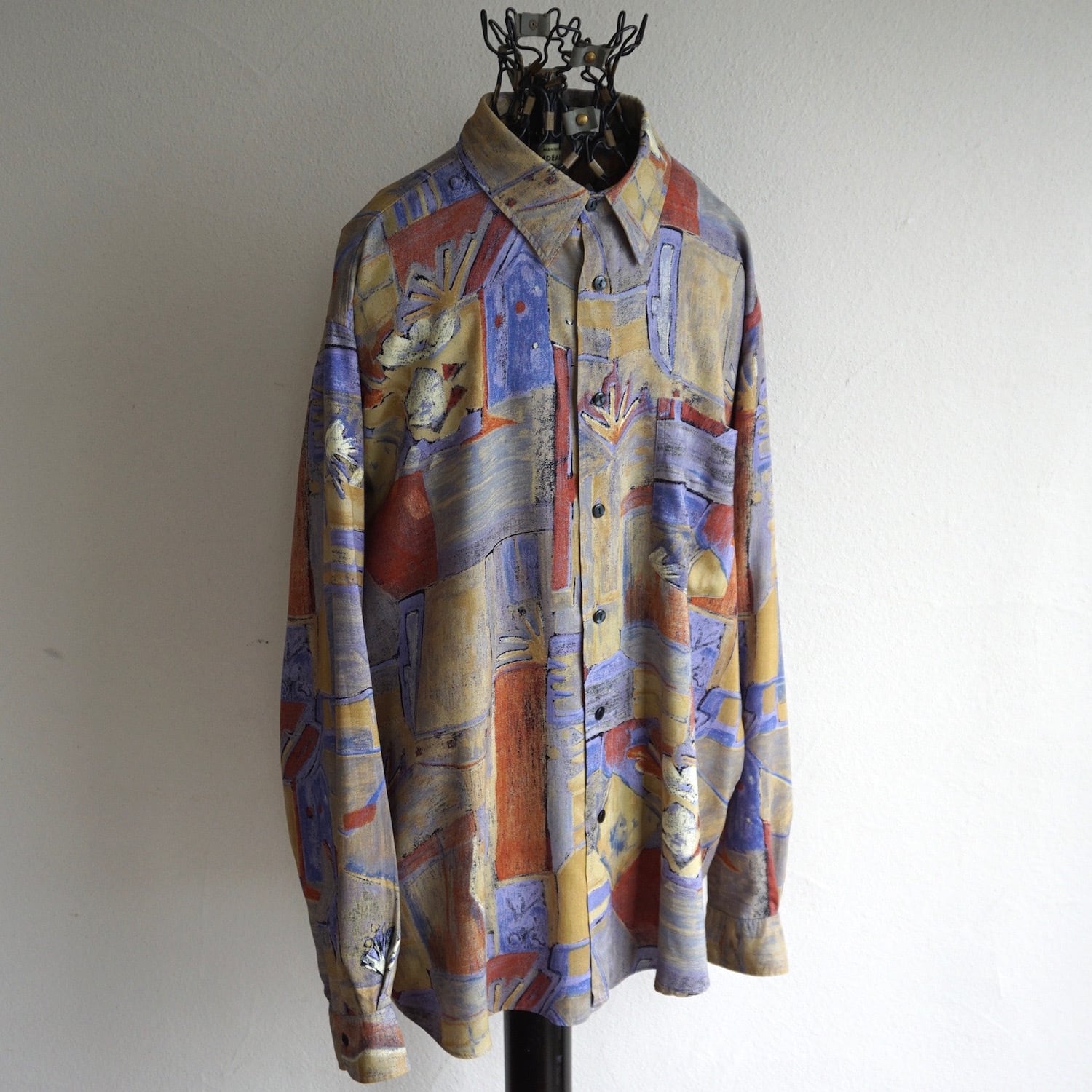 90s　vintage　アニマル柄　全面デザイン　チャイナシャツ　スタンドカラー