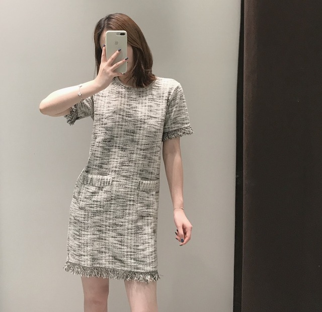 全2色 ツイード ワンピース 半袖 フリンジ ポケット ミニ丈 ショート丈 Aライン ゆったり 可愛い 大人可愛い ワンピ 春夏 Like Fashion