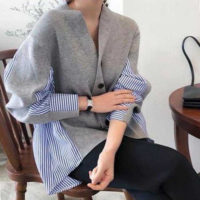 全2色 レディース カーディガン ストライプ シャツ切替 異素材ミックス
