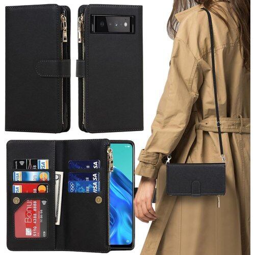 Google用 pixel 6 pro ケース 手帳型 カバー グーグル ピクセル6pro カバー pixel6pro 手帳 カバー pixel6 proケース 財布型 適用 CASE iCoverCase ストラップホール付き カード収納 バッグ マグネット 留め具 肩がけ 首掛け 斜め掛け カードケース ファスナー型 ストラップ付き カバー ショルダーケース クロスボディケース カード入れ スマホケース 携帯カバー ブラック 1150