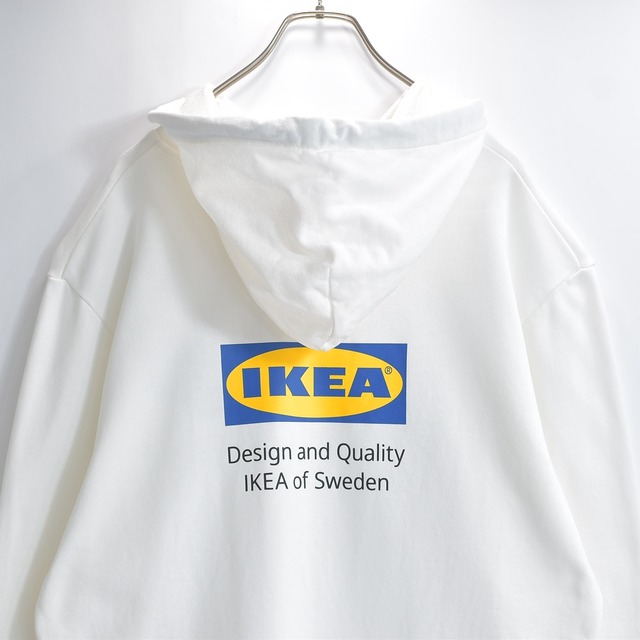 IKEA イケア スウェットパーカー フーディー バーコードプリント ロゴプリント ドローコード 裏毛 エフテルトレーダ オフィシャルグッズ 白 ホワイト USED ヴィンテージ ビンテージ 古着 メンズL〜サイズ相当