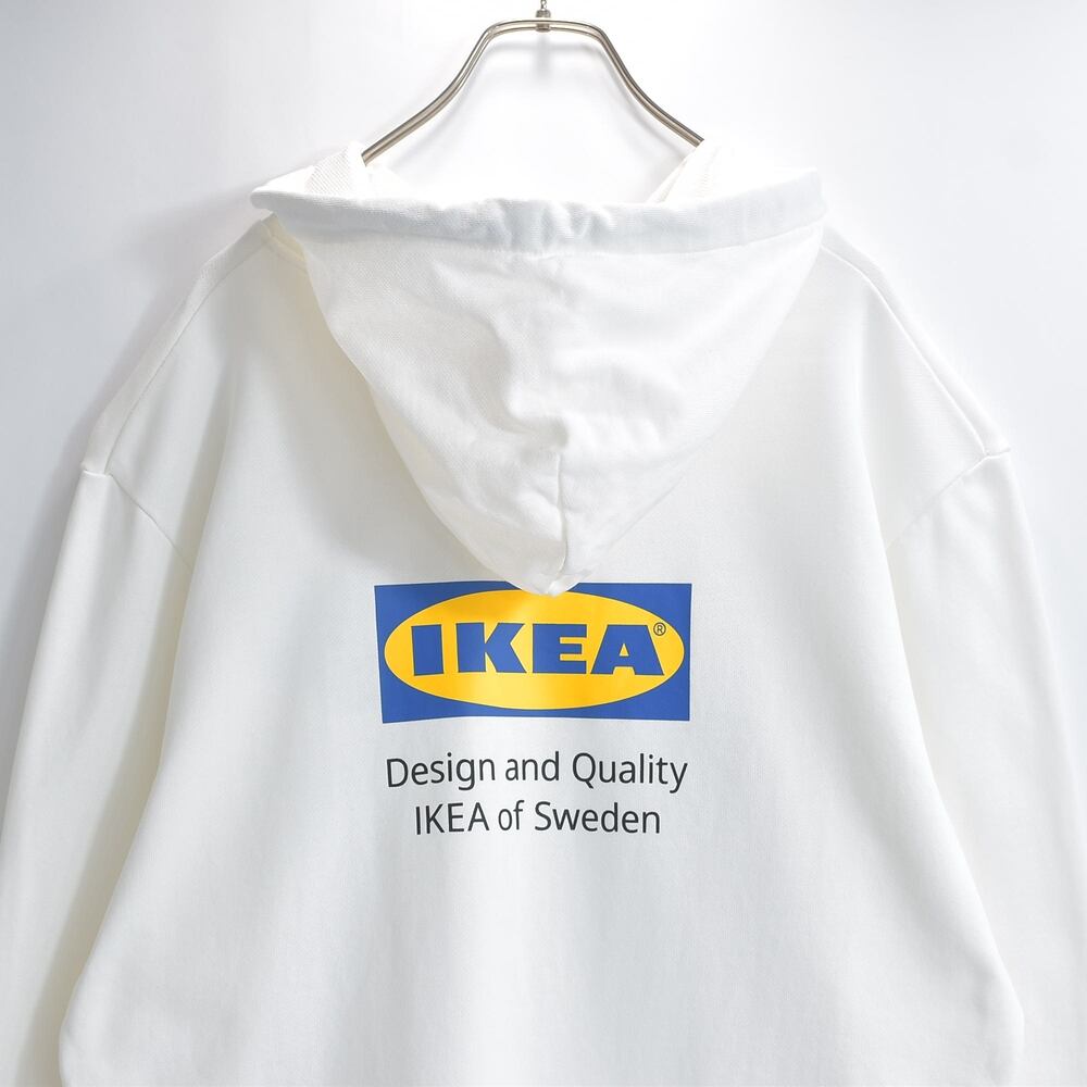 IKEA イケア スウェットパーカー フーディー バーコードプリント ロゴプリント ドローコード 裏毛 エフテルトレーダ オフィシャルグッズ 白 ホワイト USED ヴィンテージ ビンテージ 古着 メンズL〜サイズ相当