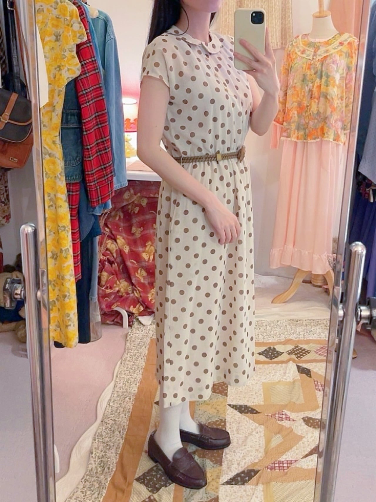shell belt brown dot one-piece
