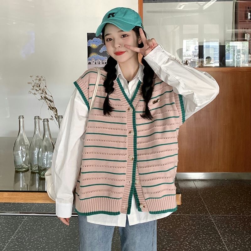 ストライプニットスプリングオータムスタンダードセーター レトロ 春物 秋物 試着室44536229367