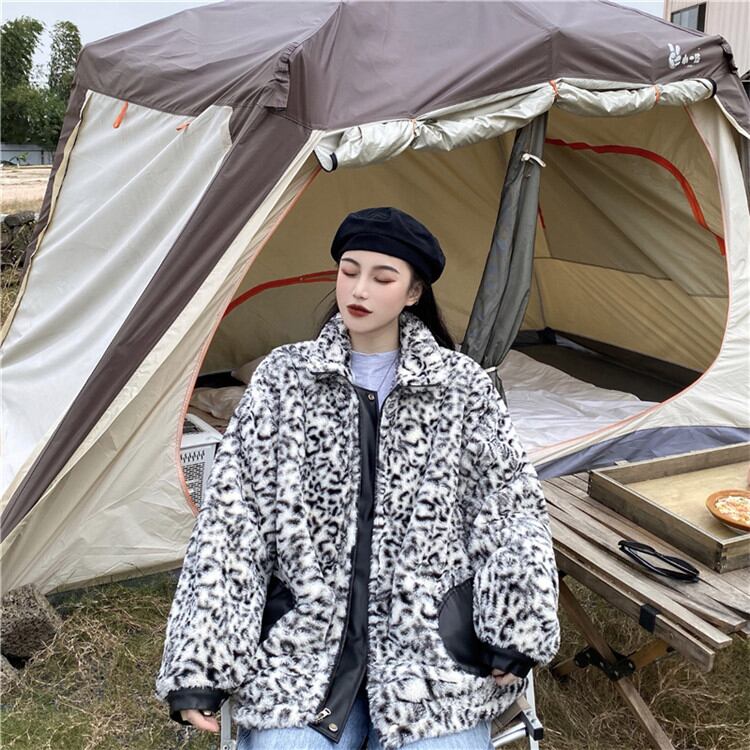 通勤する ISN 両面の着用 ヒョウ柄 ラムヘア ファー ワン ゆったりする 怠惰な風 暖かいコートコットン