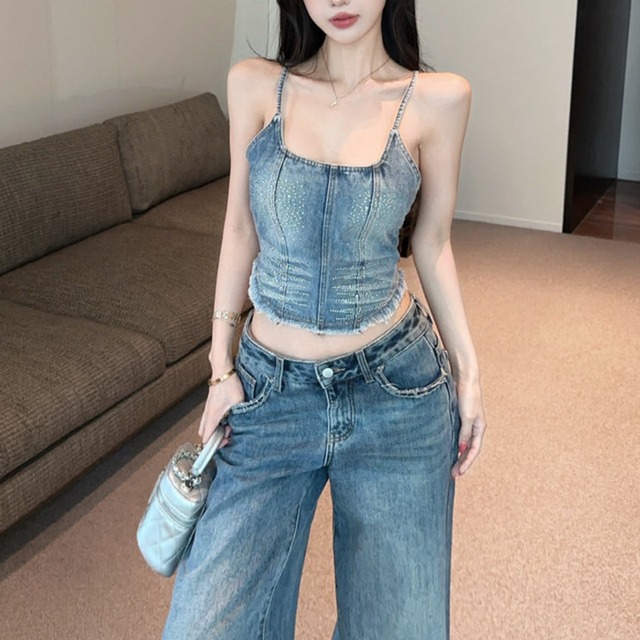 decorative short sleeveless denim camisole la2843