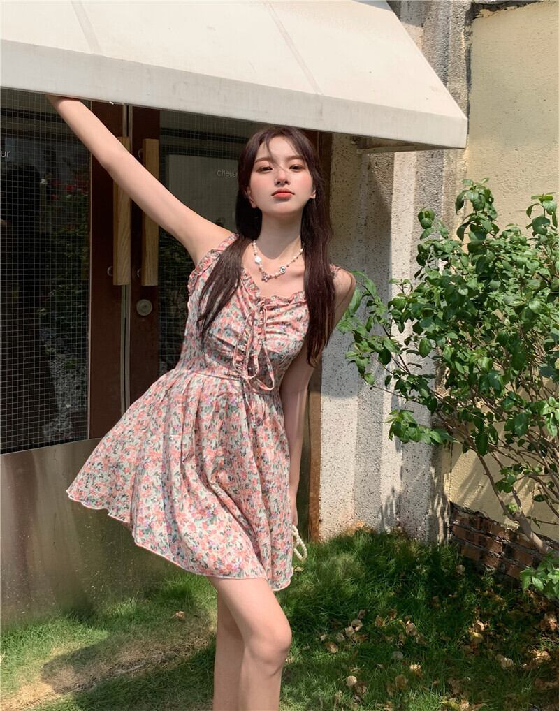 スタイルフローラルドレス サマーショートスカート ウェスト 大人ガーリー スウィート キュート カジュアル 夏物 花柄 ブラックストロベリース83721789432