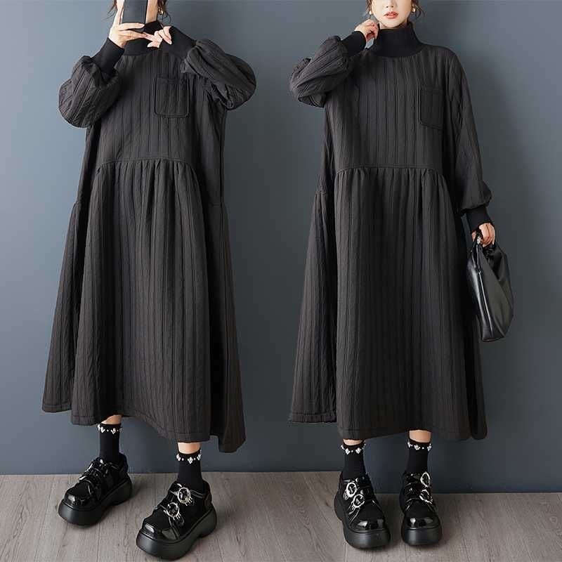 BLACK 3D STRIPE HIGH NECK A-LINE LONG PULLOVER DRESS 1color M-15792
