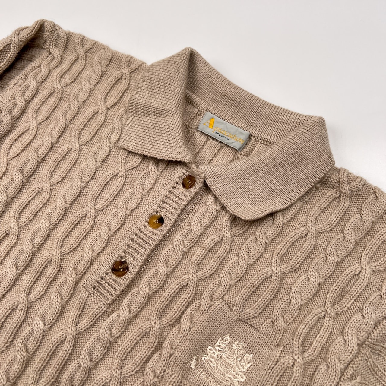美品 Aquascutum アクアスキュータム ロゴ刺繍 ケーブル編み ウールニットセーター /ビンテージ/ベージュ/D-TK1200