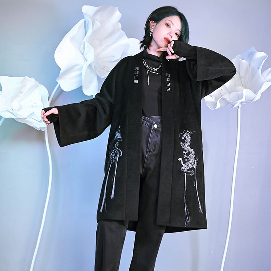 サブカル 服 地雷系 通販 チャイナ風服 チャイナ風服 古怪舎 アウター ロングコート 羽織り チャイナ風 鳳凰 刺繍 星座 ウール 闇かわいい