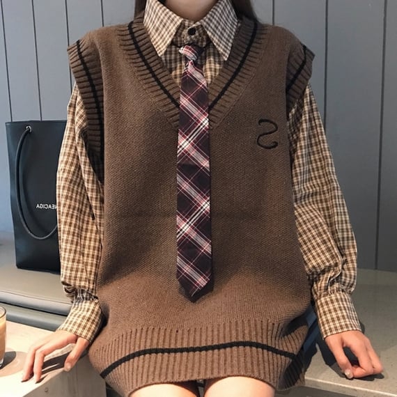 カジュアルガーリー チェック柄シャツ ロングベスト ネクタイ A0970 Retro N カジュアルガーリー チェック柄シャツ ロングベスト ネクタイ A0970 Retro N