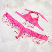 ベリーダンス オリエンタル 衣装 トップス ベルト セット ピンク系 ラインストーン スパンコール 豪華 装飾 華やか キラキラ ダンス衣装 イベント ステージ 鮮やか かわいい フリンジ