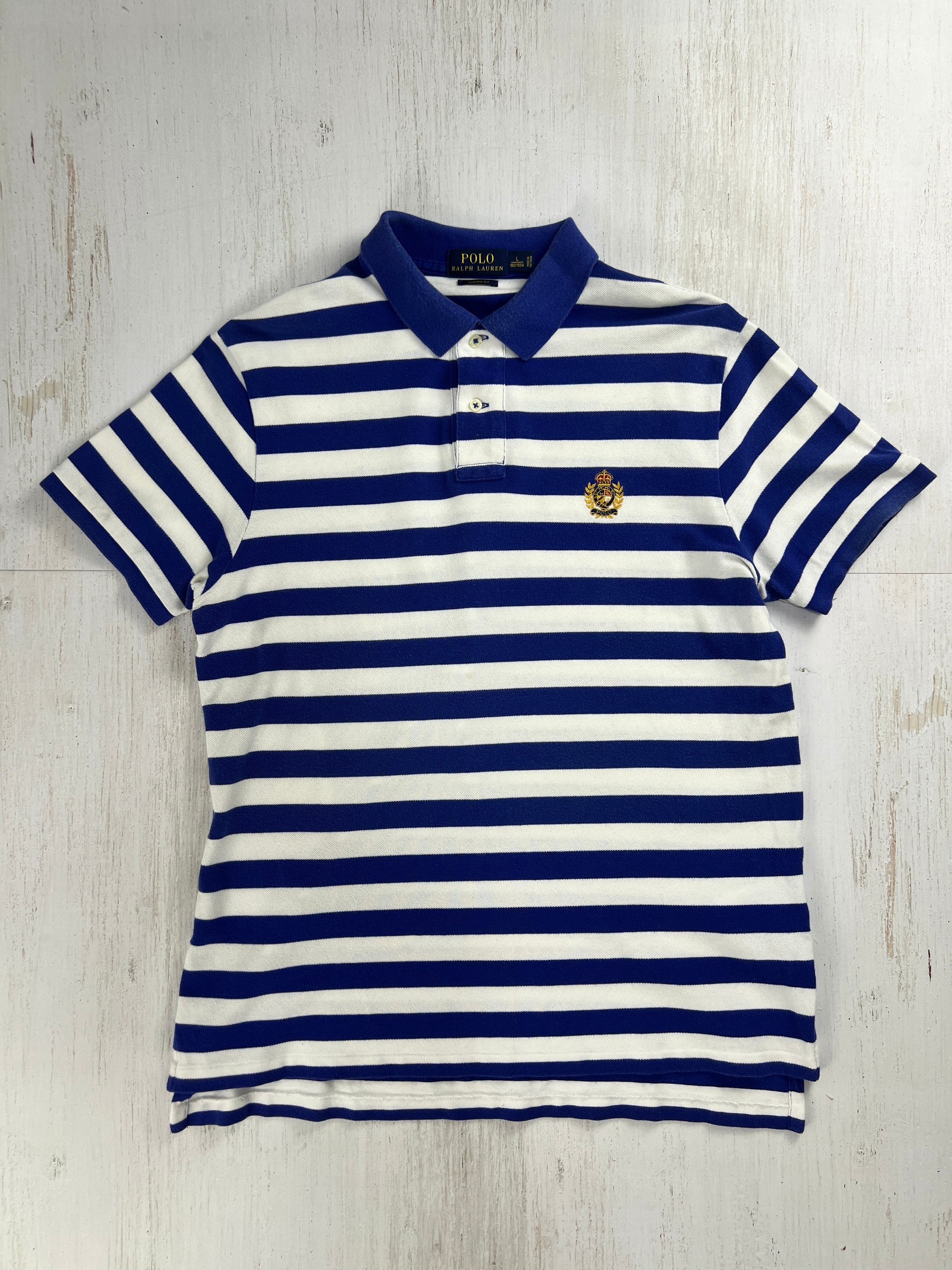2010’s Polo Ralph Lauren Custom Fit Striped Crest Logo Polo Shirt Blue White L / ラルフローレン ボーダー ポロシャツ クレスト刺繍 カスタムフィット ブルー×ホワイト Lサイズ #F975