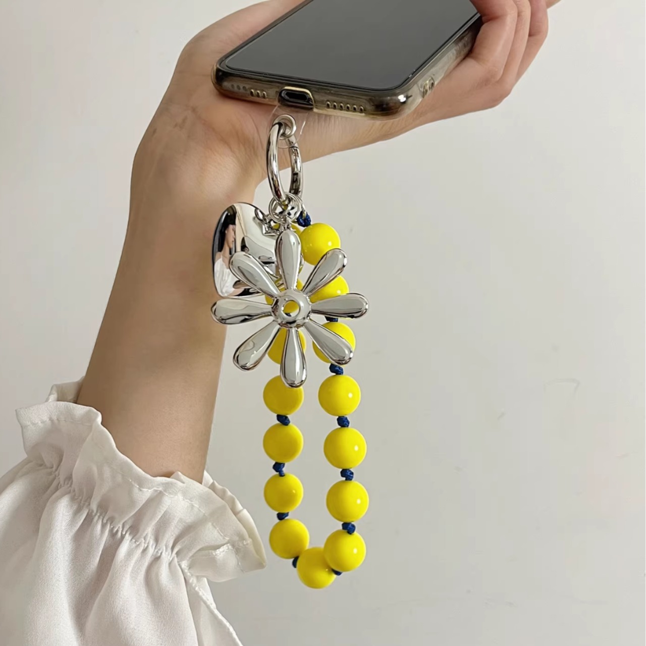 Colorful beaded heart and flower phone charm (ME247)