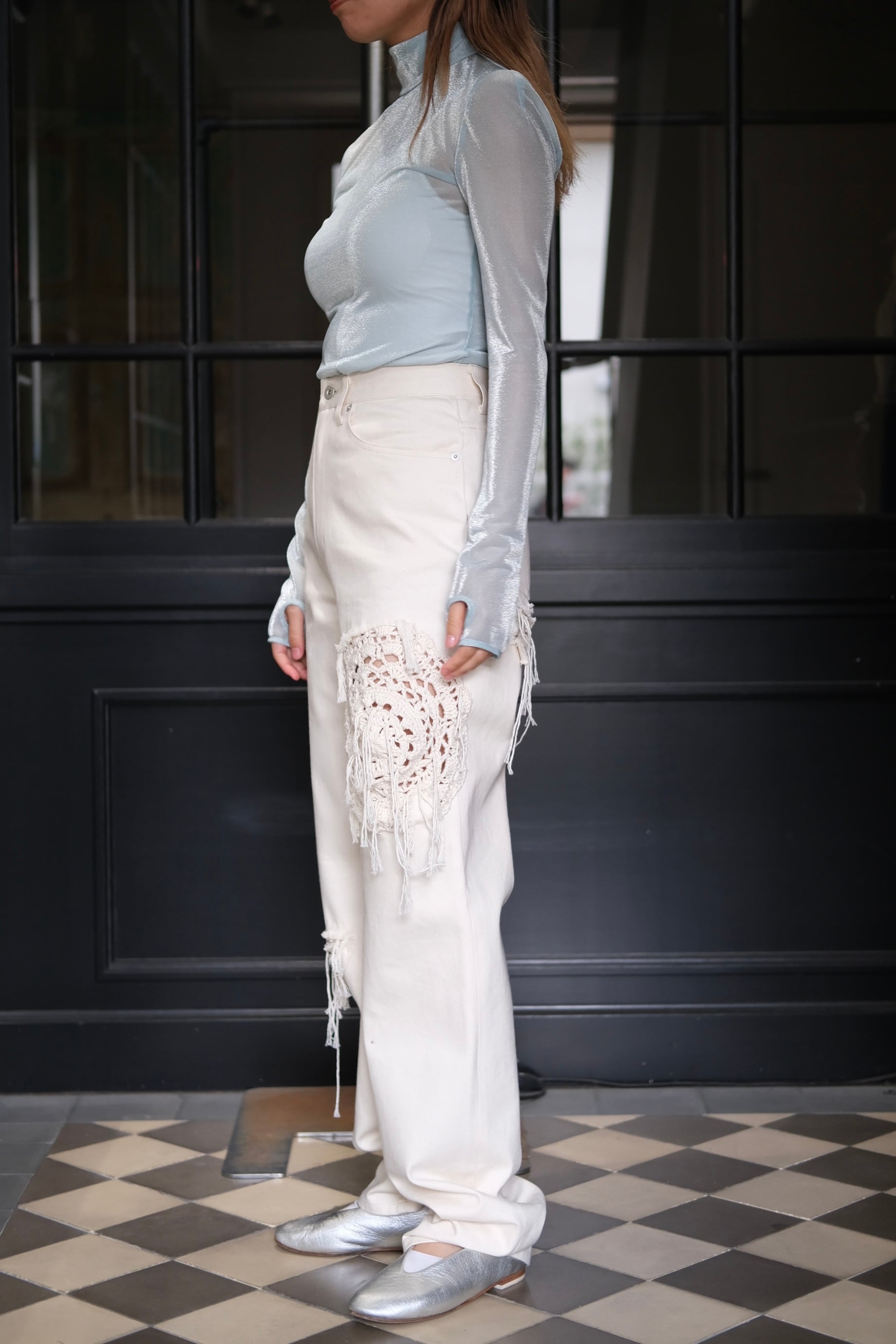 Mame Kurogouchi】Lamé Jersey High Neck Sheer Top - mintgreen - | loop