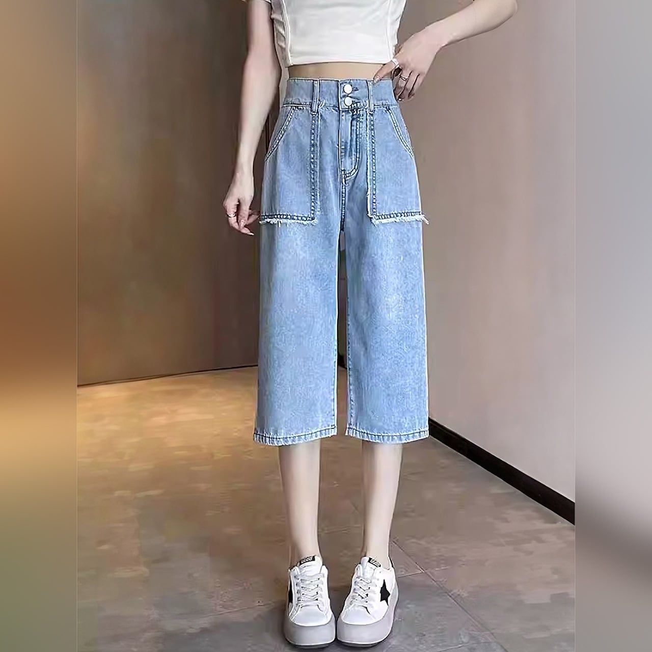 全2色 デニム6分丈ハーフパンツ 膝下 ハーフパンツ ショートパンツ 六