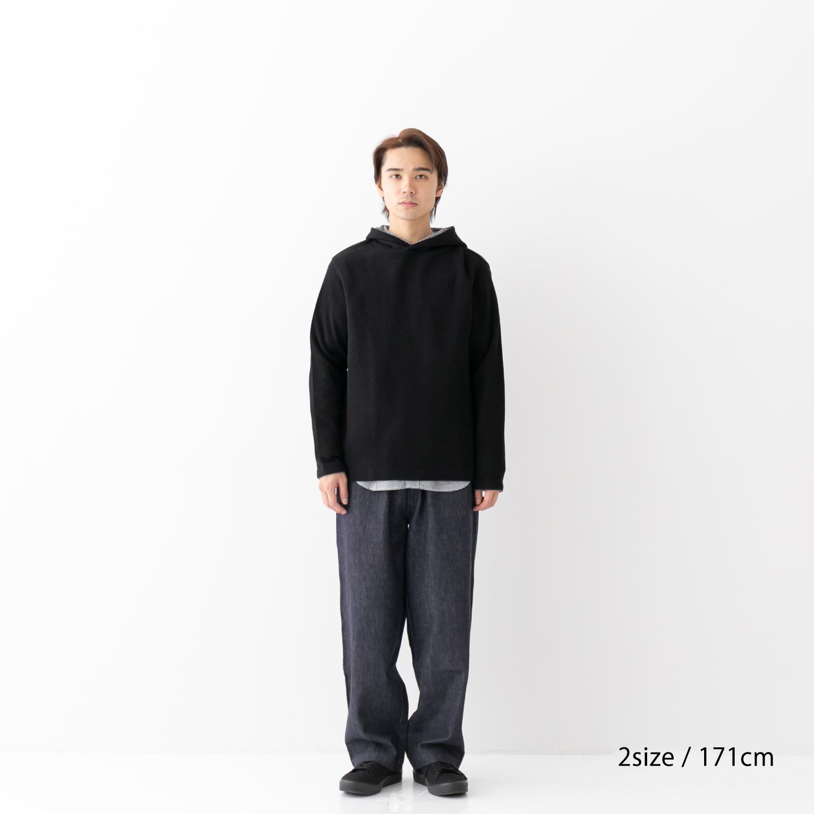 リネン RINEN ウールコットンダブルフェイス パーカー(R17607)クロ×チャコール杢