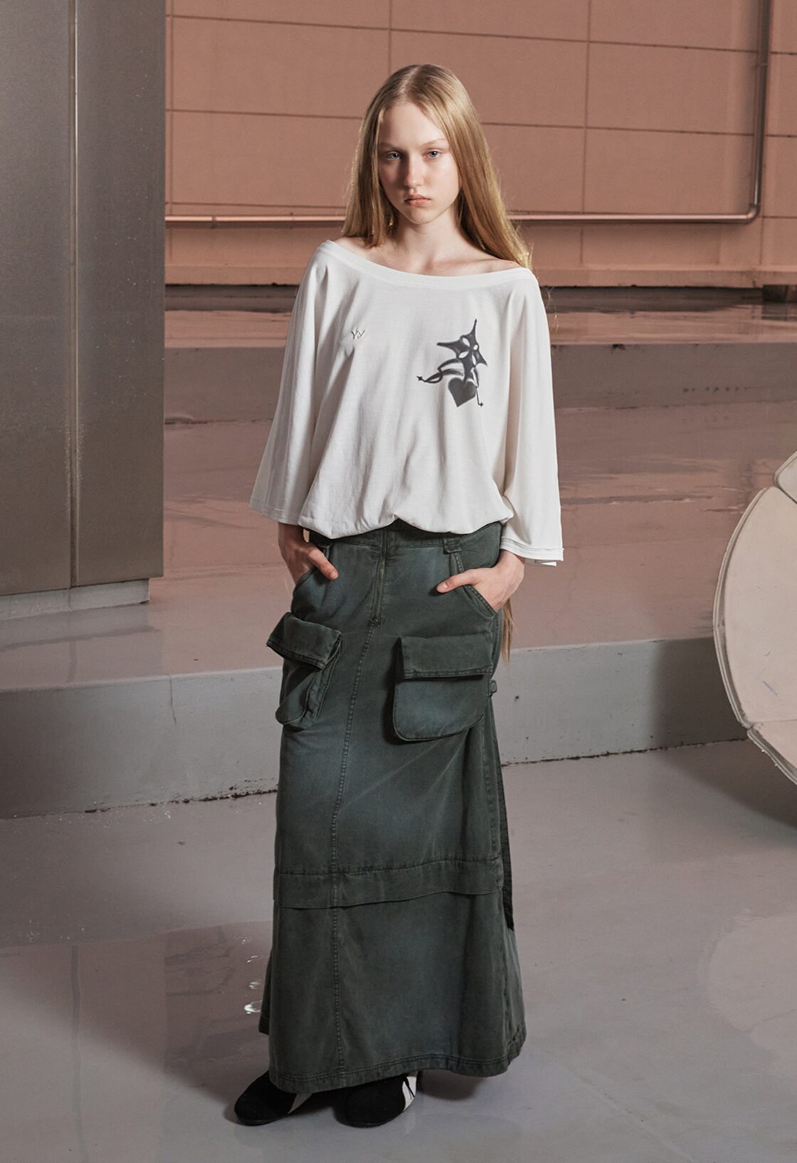 ☆AESPA カリナ 着用！！【open Yy】CARGO POCKET MAXI SKIRT, KHAKI 