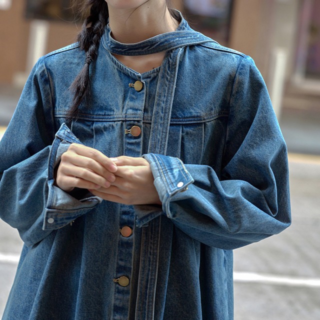 denim ribbon one-piece J00135