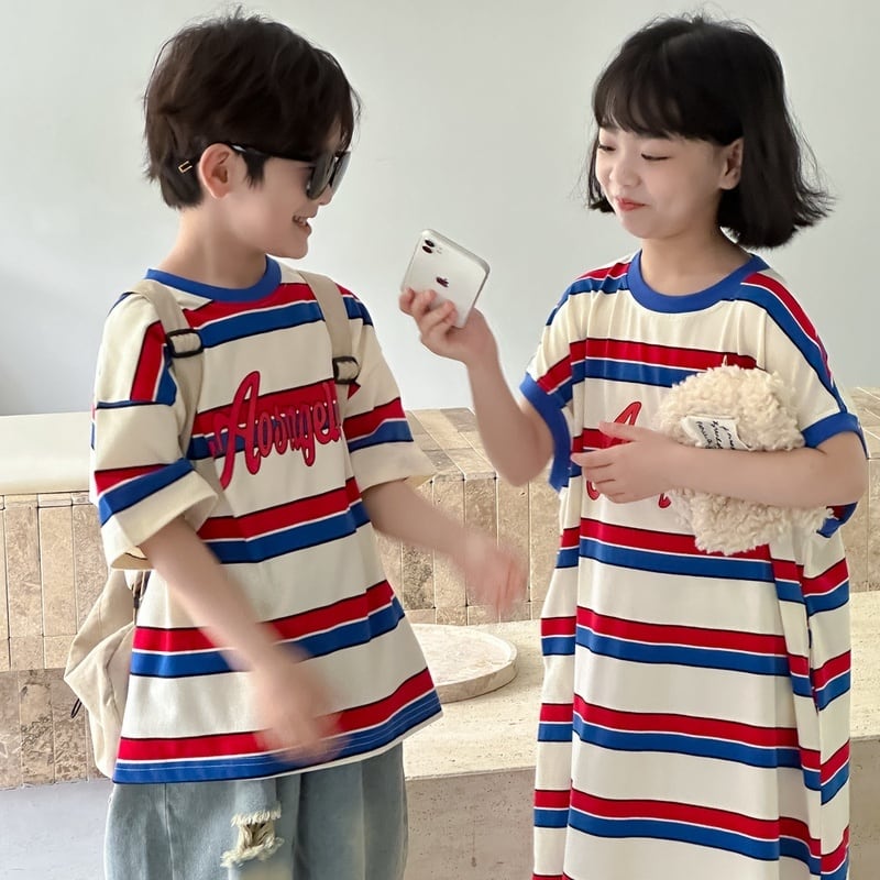 【KID】2024新作 オシャレ英字ボーダーTシャツ、ワンピース