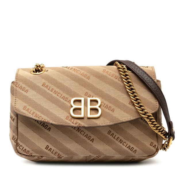 バレンシアガ BBロゴ チェーン ショルダーバッグ ハンドバッグ 516919 ベージュ ブラウン キャンバス レザー レディース BALENCIAGA 【中古】