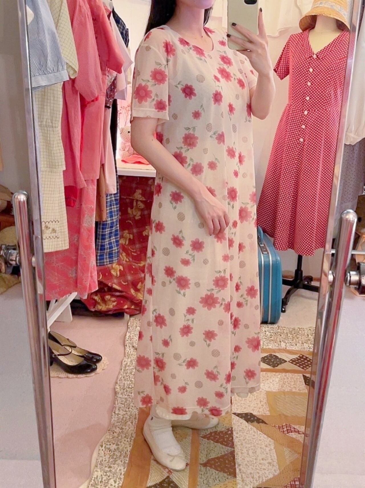 flower and check dot sheer one-piece