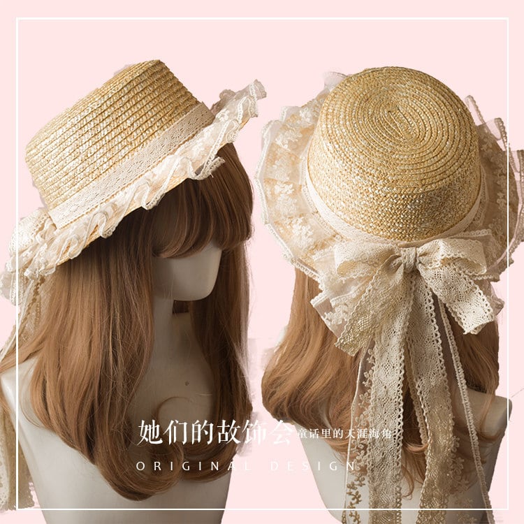 ガーリー系 麦わら帽子 レースフリル夏のお出かけ帽子 | ロリータ