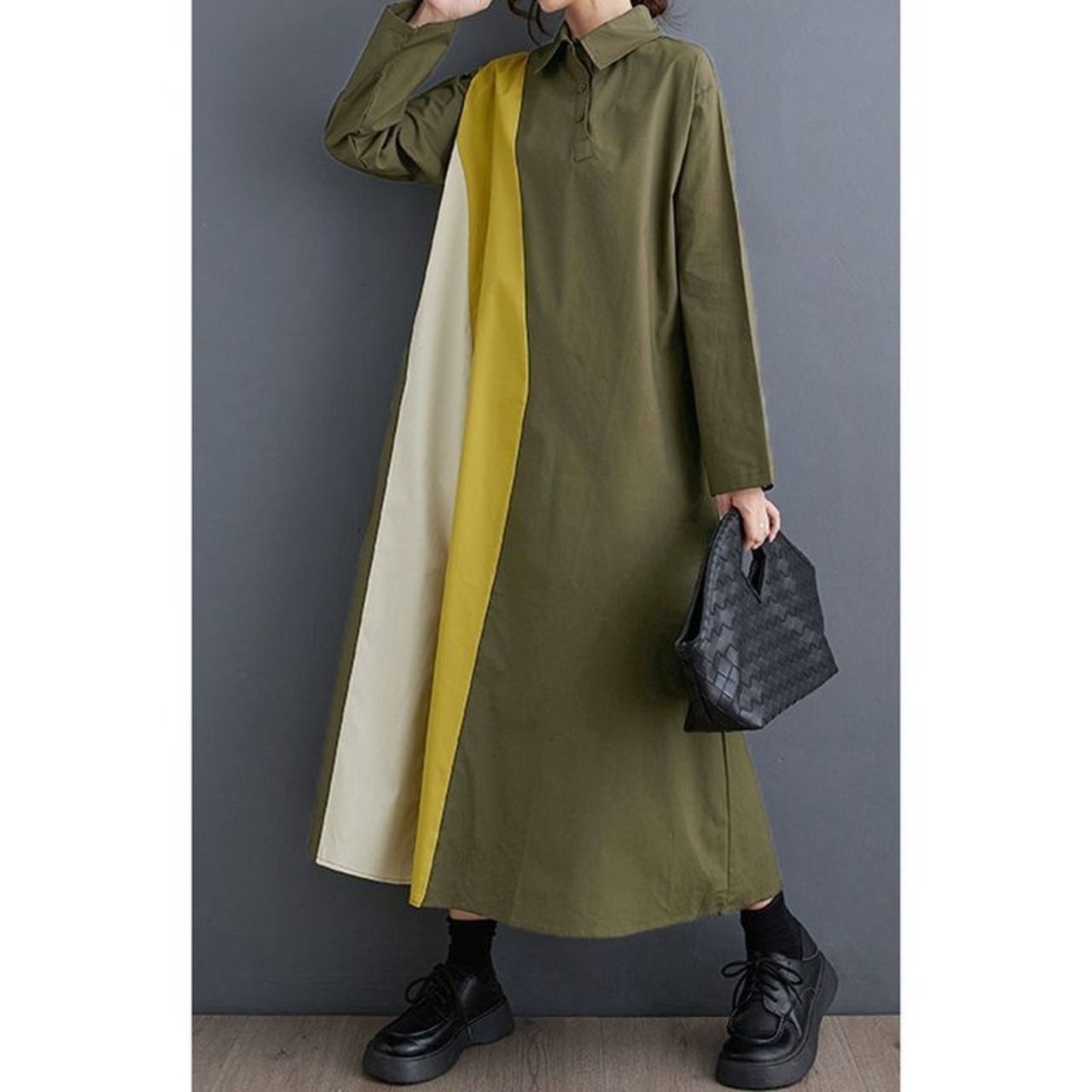 カラーブロック 切替 シャツワンピース  00055