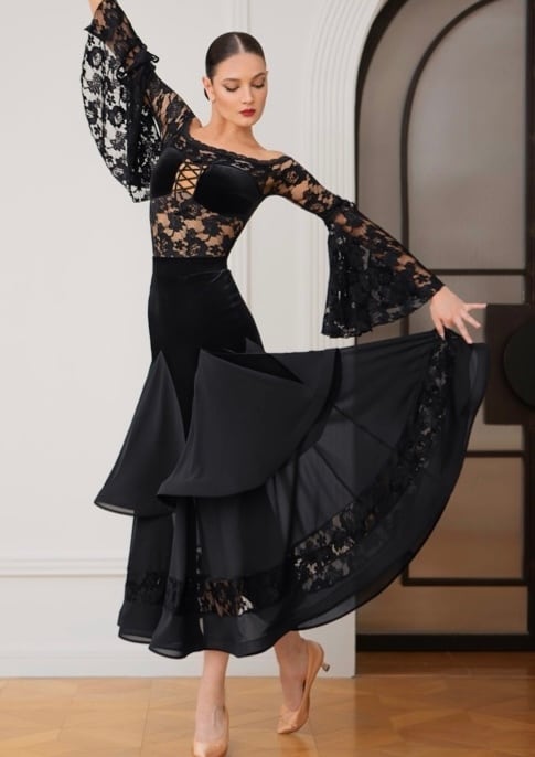 【新着】社交ダンス ドレス 　スタンダード 　モダンド レス 　ブラック　セットアップ（ベルベット＆レース） M　 ST-25-25＆ 26 　デモ・競技用ドレス 　発表会衣装 　パーティドレス 　ワンピース 　舞台衣装