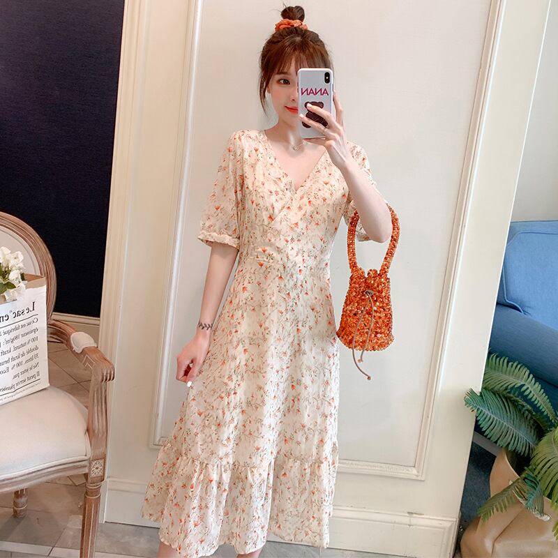 【新作】【送料無料】 マタニティウェア2020夏の新しいシフォンフローラルVネックドレス小さな新鮮なミドル丈ドレス妊婦-アリババ サマー 夏物 花柄 expec268115513736