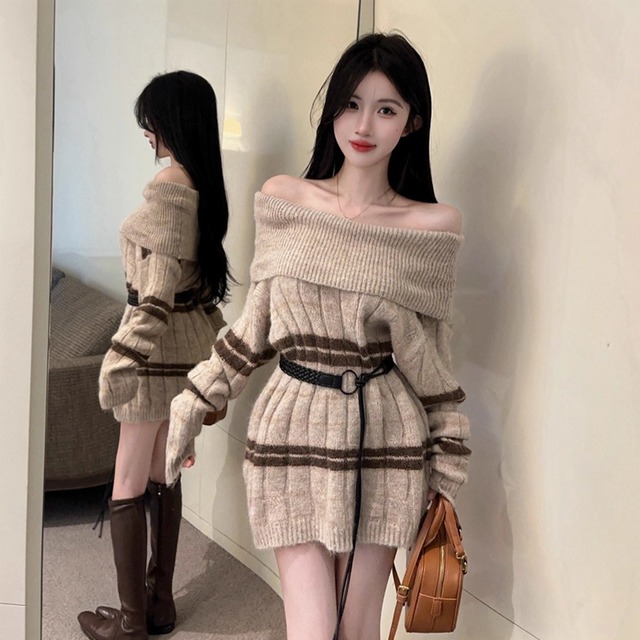 【dress】オフショルダーニットワンピース Q7110