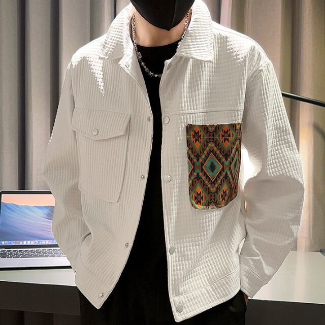 【予約販売】ブルゾン アウター 異素材 ポケット ワッフル ブラック ホワイト メンズ お洒落 こなれ感 カジュアル ベーシック 秋 春 大きいサイズ M/L/XL/2XL/3XL