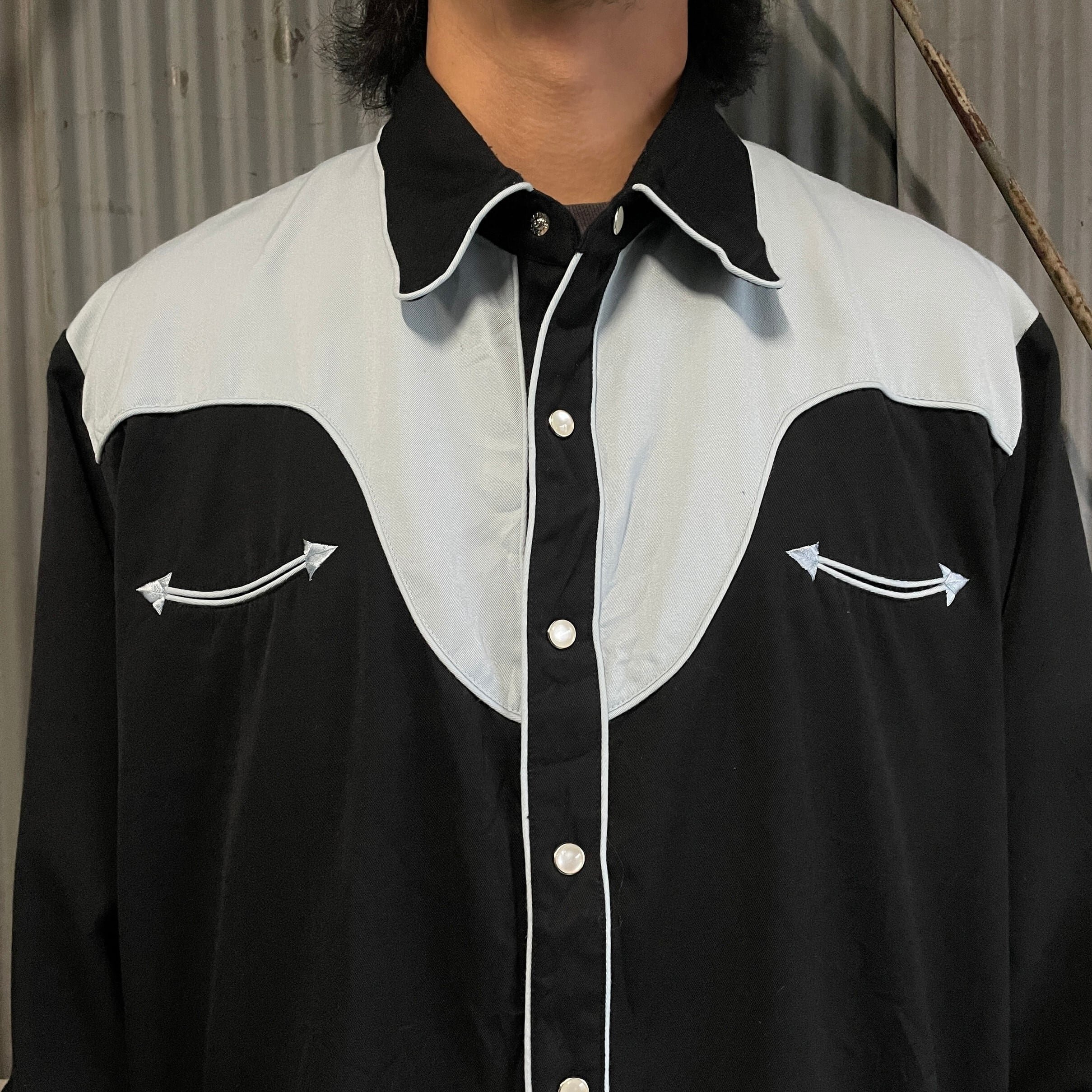 Scully 長袖 レーヨン ウエスタンシャツ メンズXL 古着 水色×ブラック
