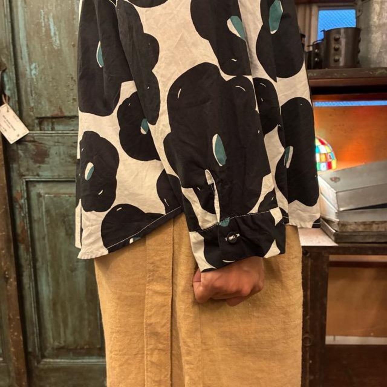 TOPANGA Lady's Nordic Flower Loose Fit Shirt　ノルディックフラワールーズフィットシャツ　ホワイト×ブラック　長袖　丸襟　ブラウス　花柄　
