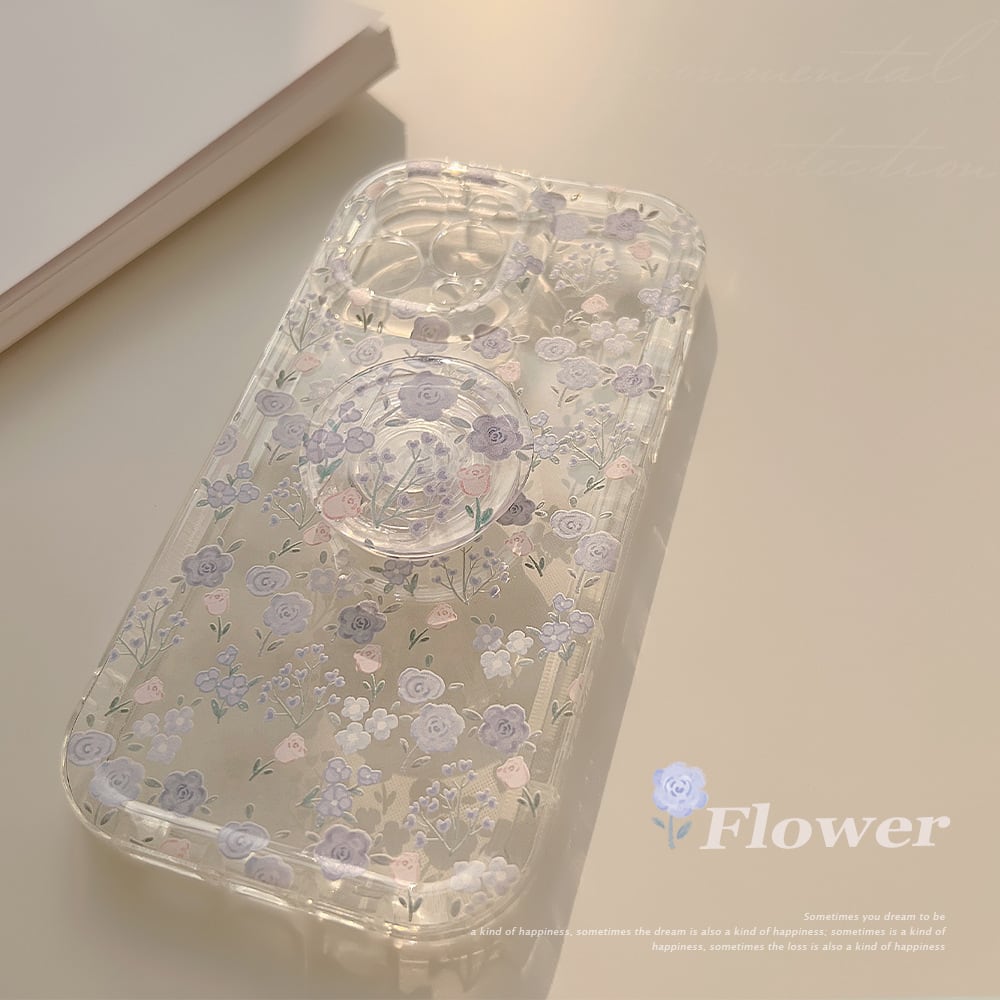iPhone15対応】美しい小花柄◎ペールブルー 上品 クリアケース スマホ