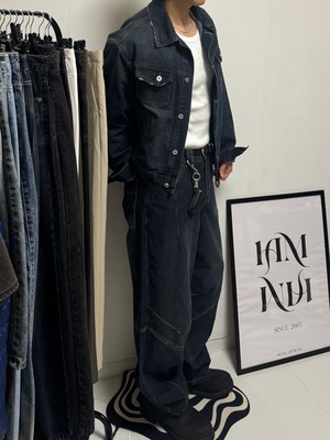 【PANTS】Structured Panel Lined Wide Denim (Dark Blue)