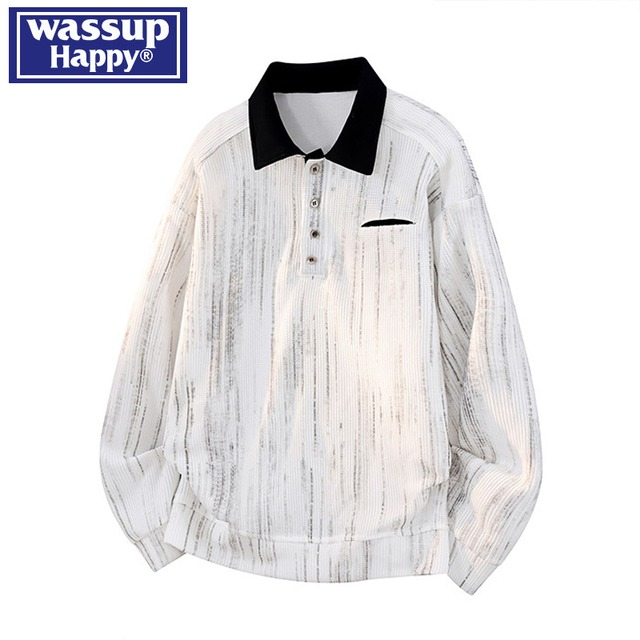 【WSシリーズ】★POLOシャツ★ 2color ユニセックス トップス 長袖 配色 絞り染め 黒 白 カジュアル