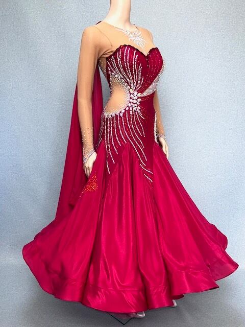 社交ダンス ドレス　スタンダード　モダンドレス　カージナルレッド　M　デモ・競技用ドレス　発表会衣装　パーティドレス　ワンピース　舞台衣装