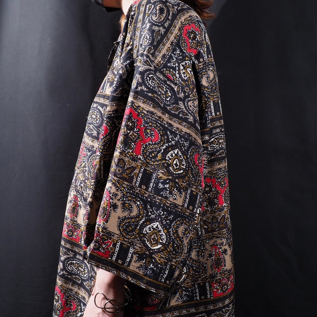 Bewitching Ethnic art full pattern SS Drape silk shirt