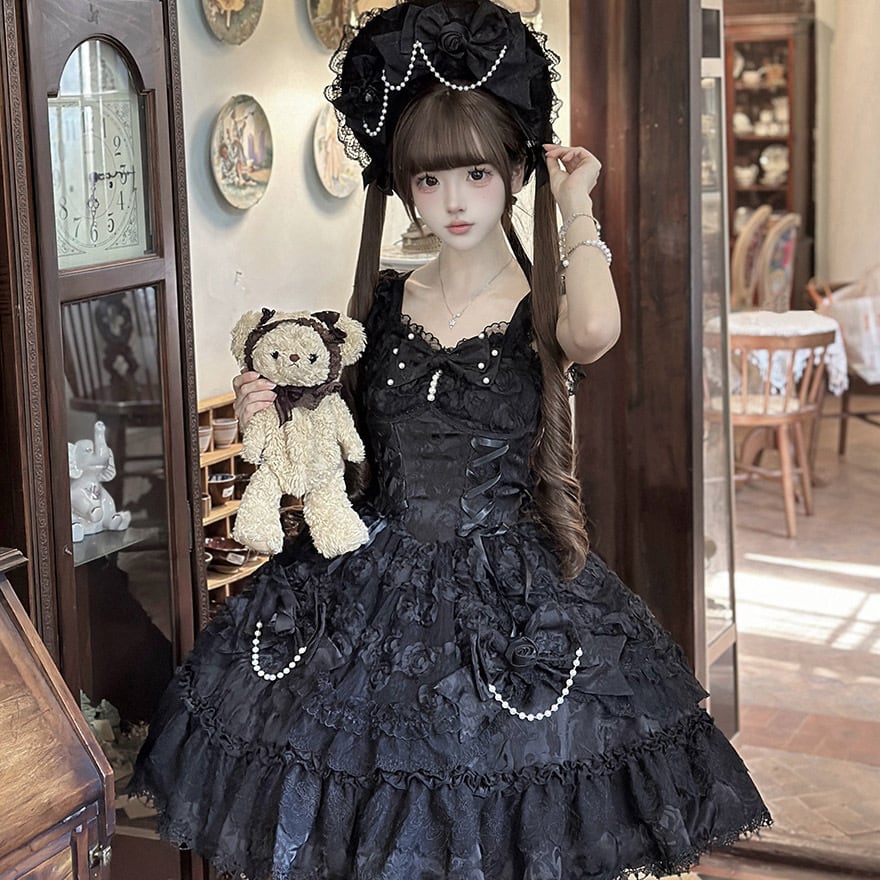 地雷系 ボンネット ダーク ゴシック レースアップ 薔薇 リボン