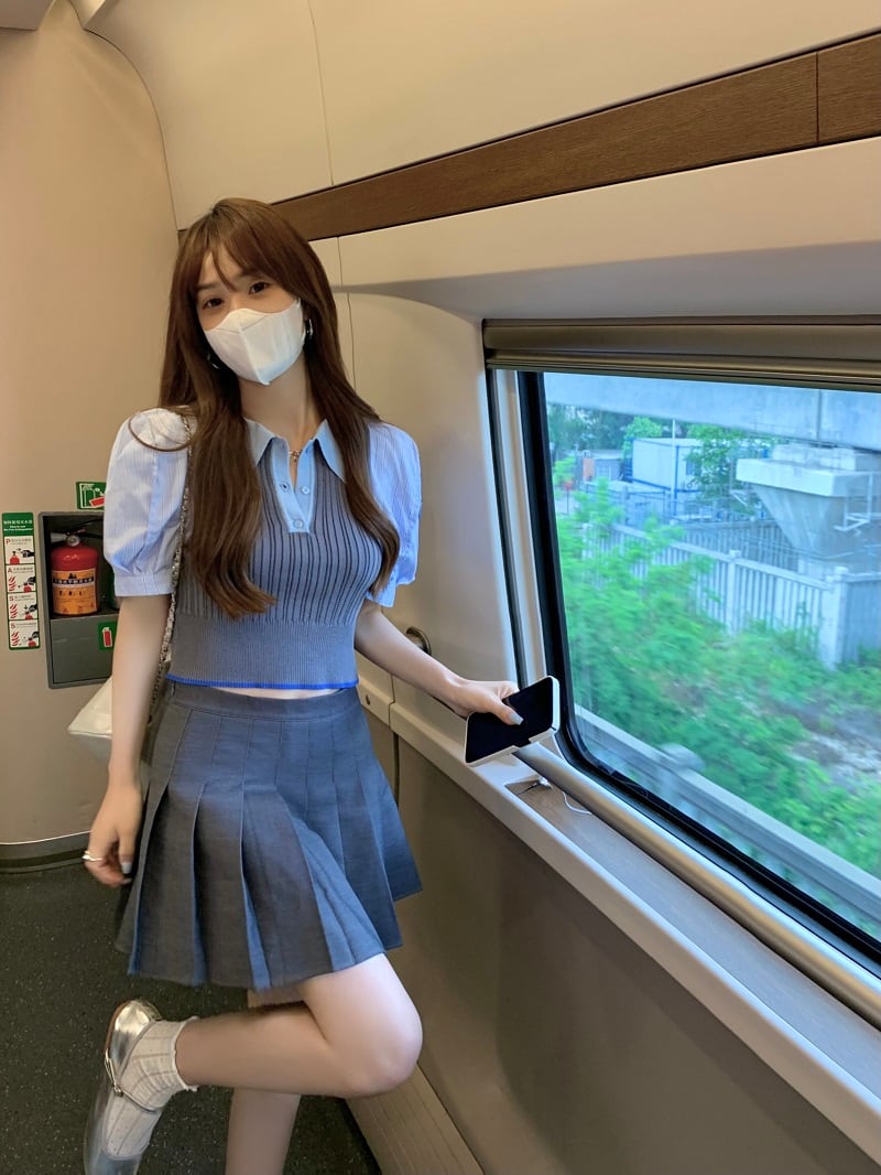 大人スタイルブルーパフスリーブ半袖トップス | 韓国/ワンホン