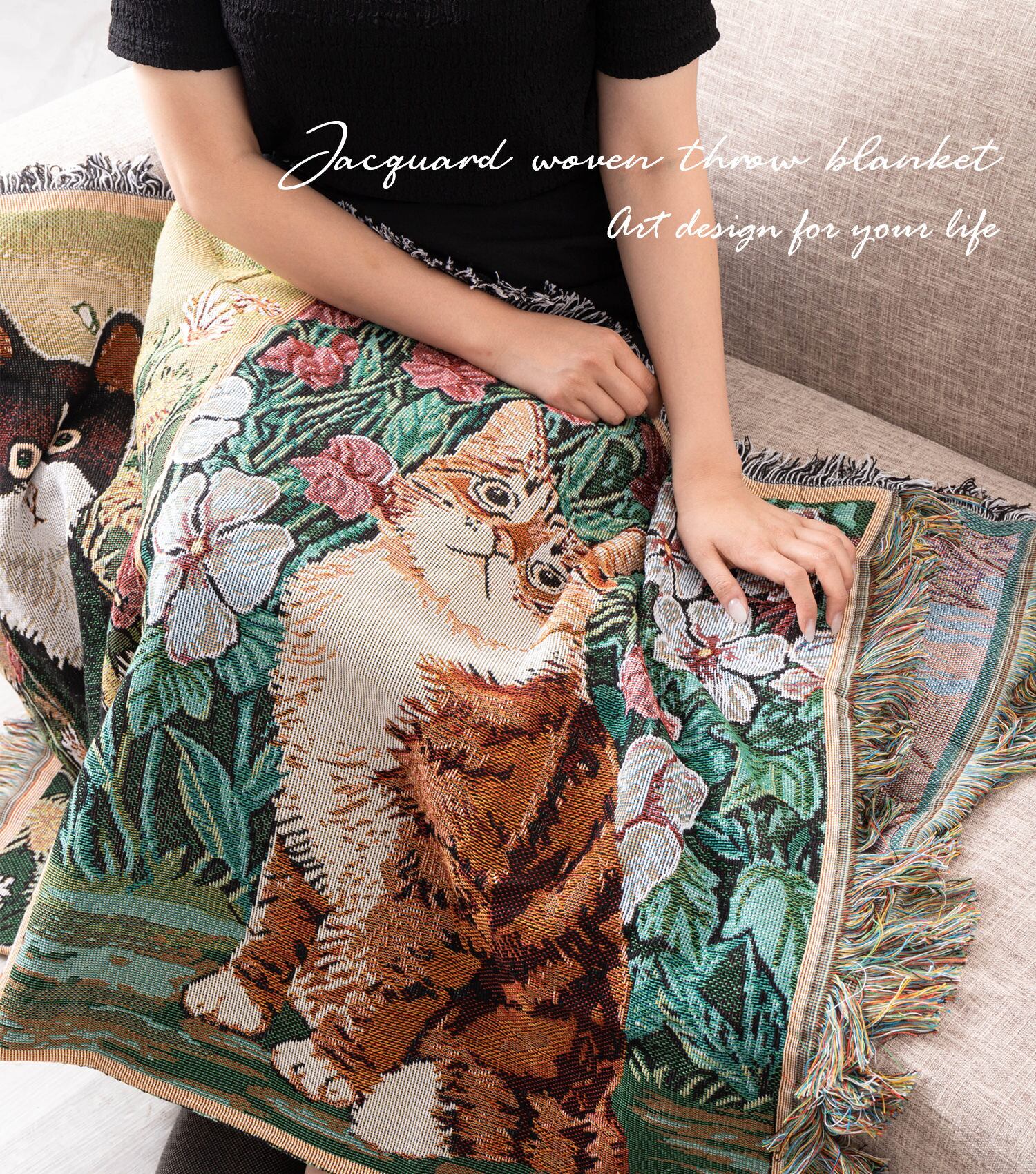 ジャガード織 スローケットラグ 猫犬デザイン アソート 130 x160 cm B.【 0123 】 | Jubilee オフィシャルショップ